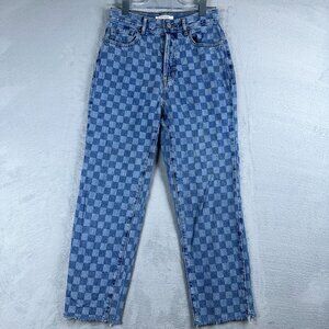 Pacsun Jeans Womens Straight Cropped Plaid Raw Hem 100% Cotton Blue Size W27